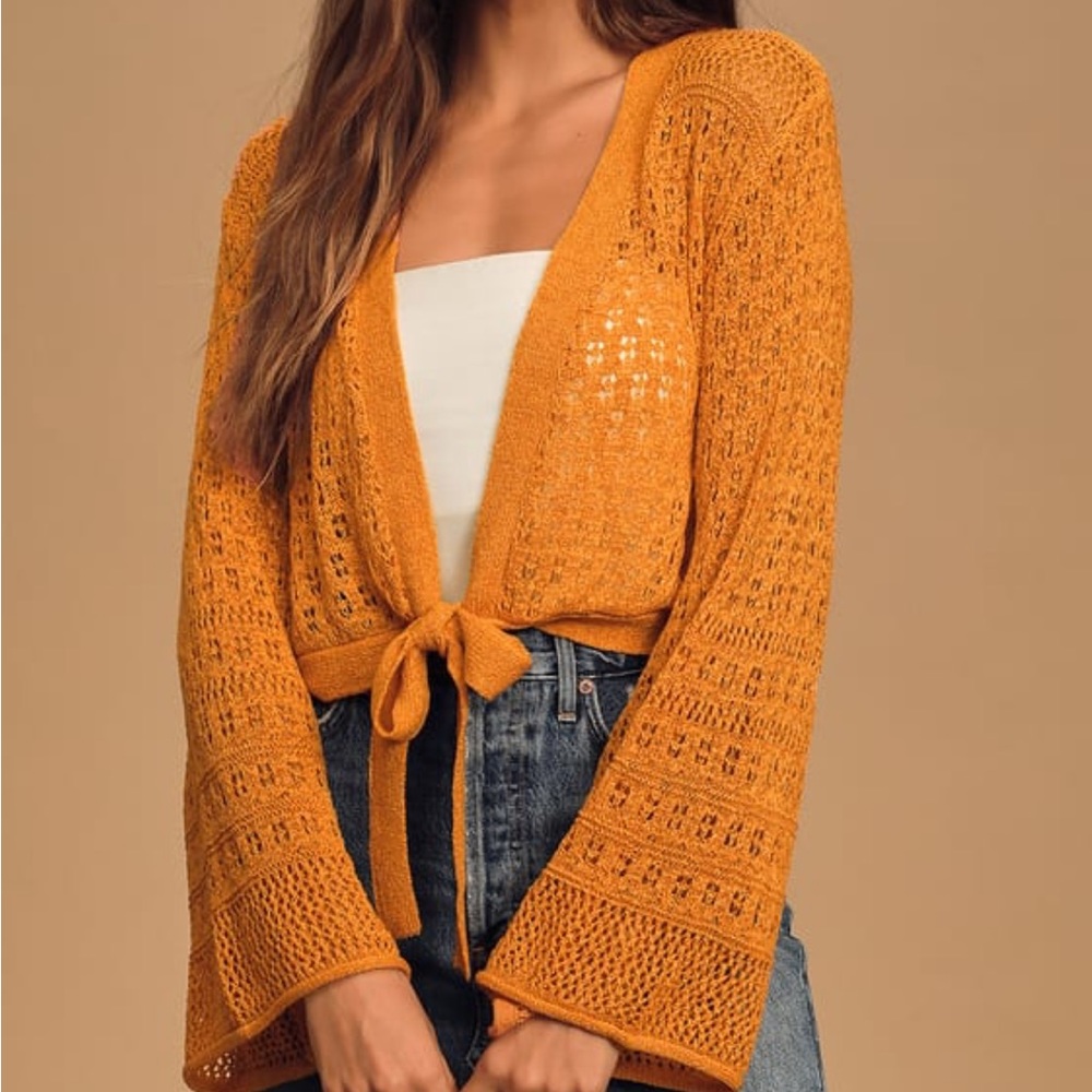 Band of Gypsies Collective New Delphi Gold Bell Sleeve Tie-Front Cropped Sweater